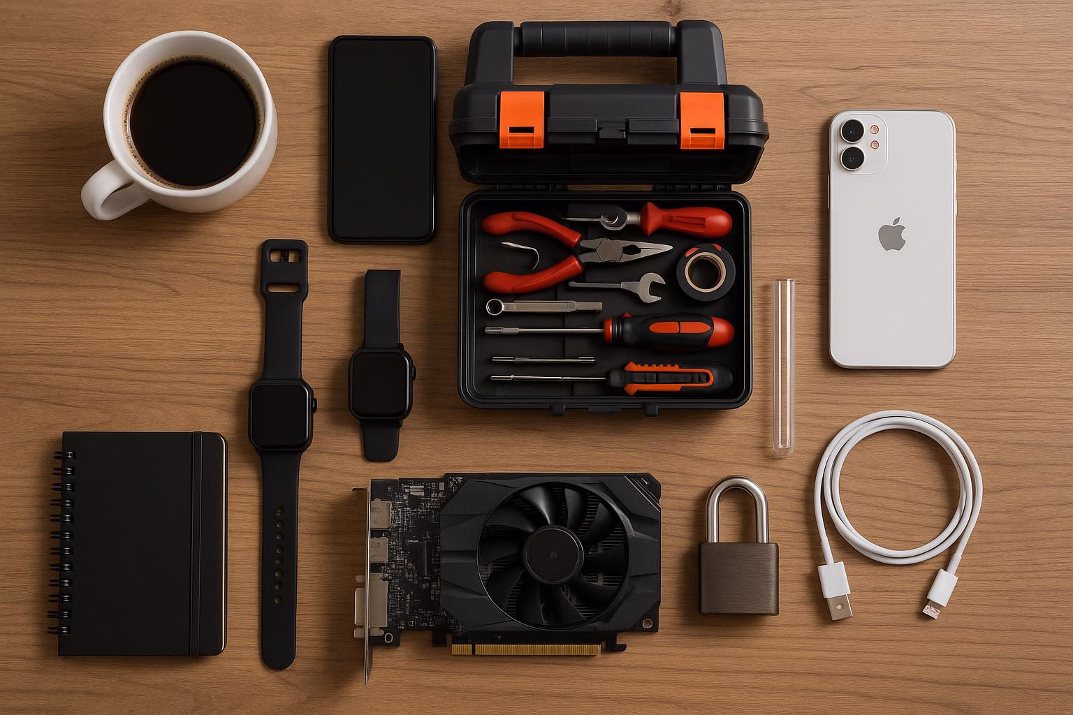 KDB Tech-Update 202603260603 Schreibtisch-Übersicht: Kaffeetasse, Smartphones, Werkzeugset mit Schraubwerkzeugen, Grafikkarte, Notizbuch, Kabel und Ladegeräte.