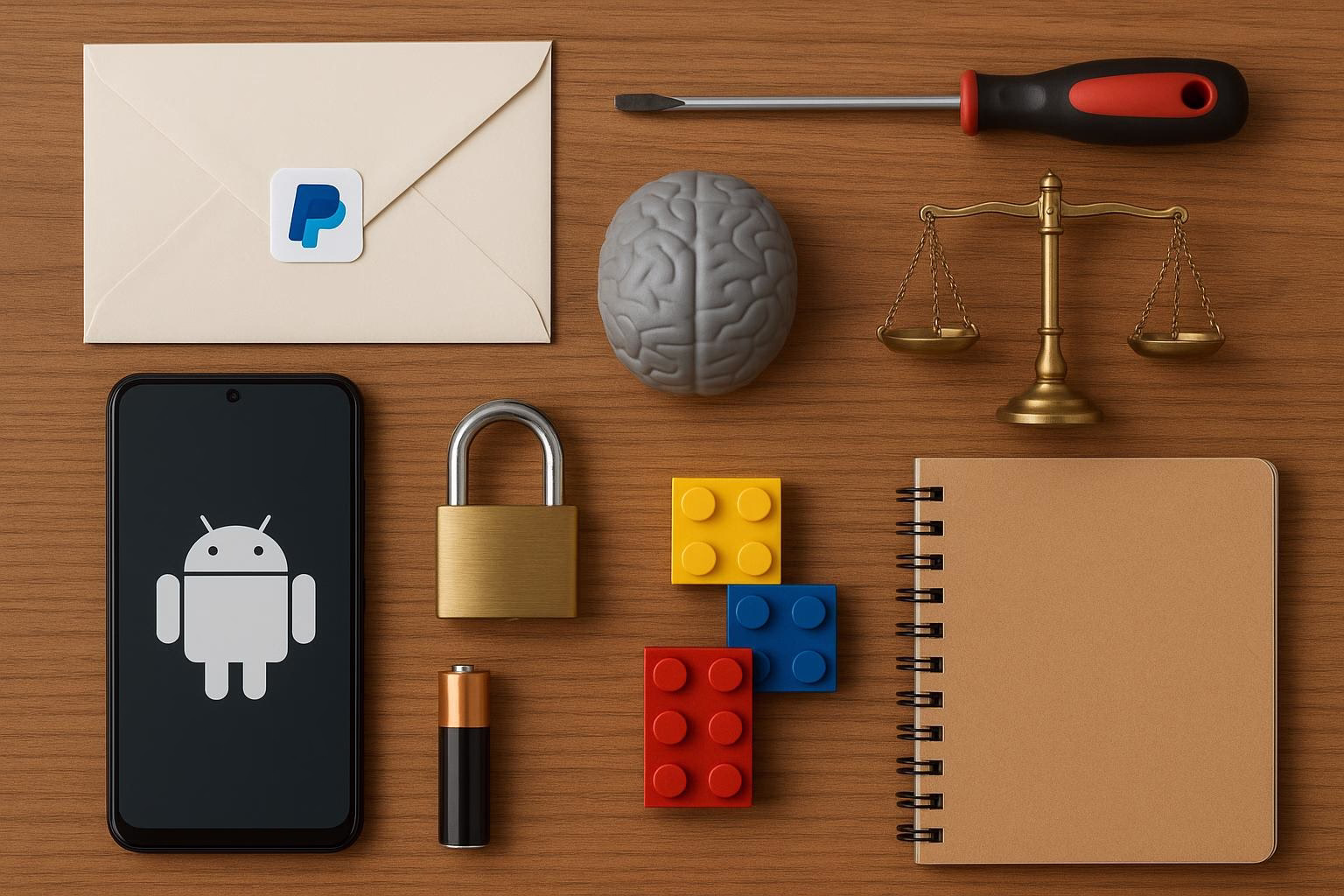 KDB Tech-Update 202603261603 Schreibtisch-Flatlay: Umschlag, Smartphone, Vorhängeschloss, Justizwaage, Gehirn-Stressball und Notizbuch; Symbolik für Zahlung, Sicherheit, Recht und Wissen.