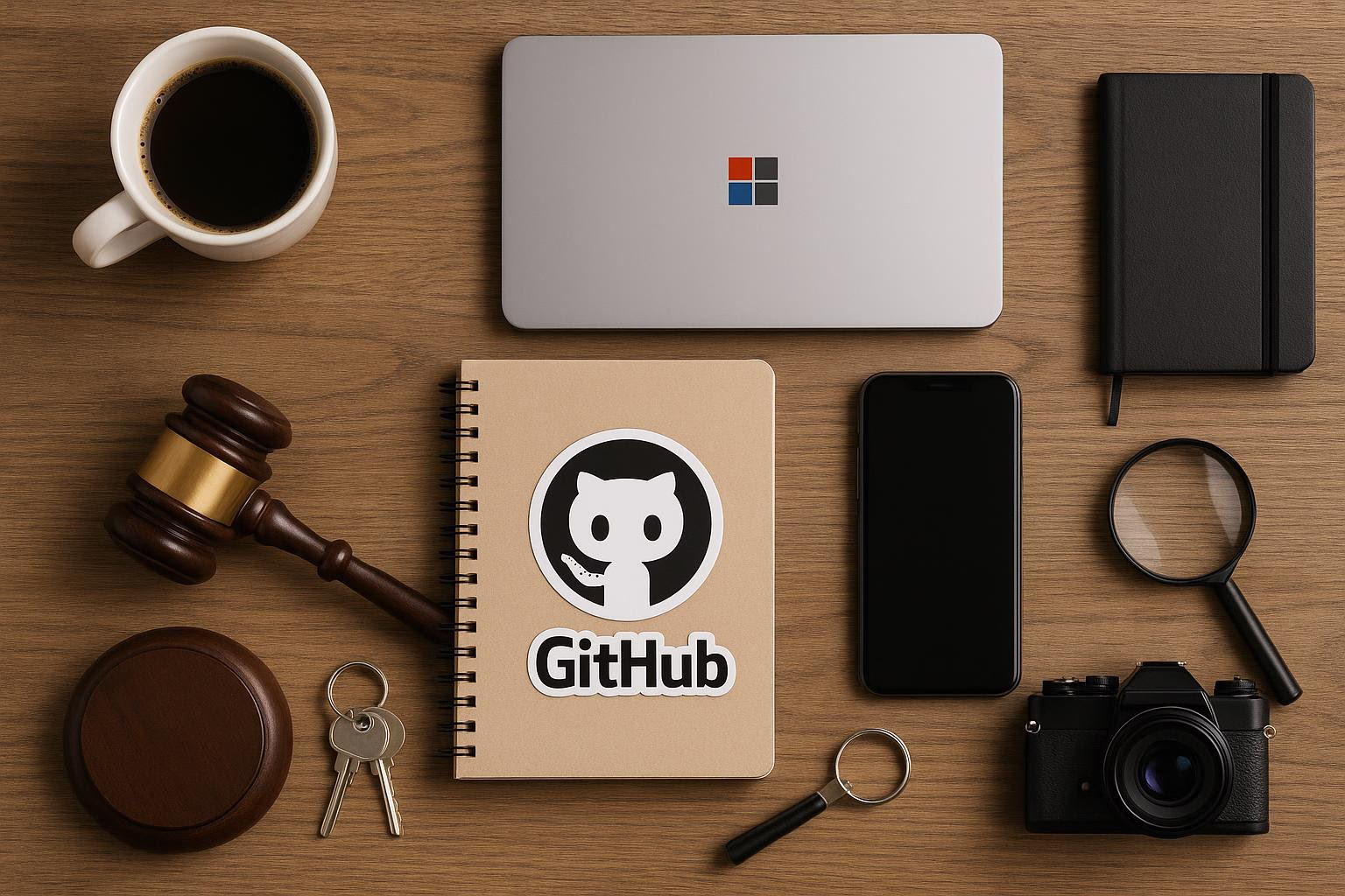 KDB Tech-Update 202603280606 Schreibtisch mit Laptop, Kaffeetasse, Notizbuch mit GitHub-Logo, Smartphone, Schlüsselbund, Lupe, Kamera und Gerichtshammer als Tech-Arbeitsumgebung