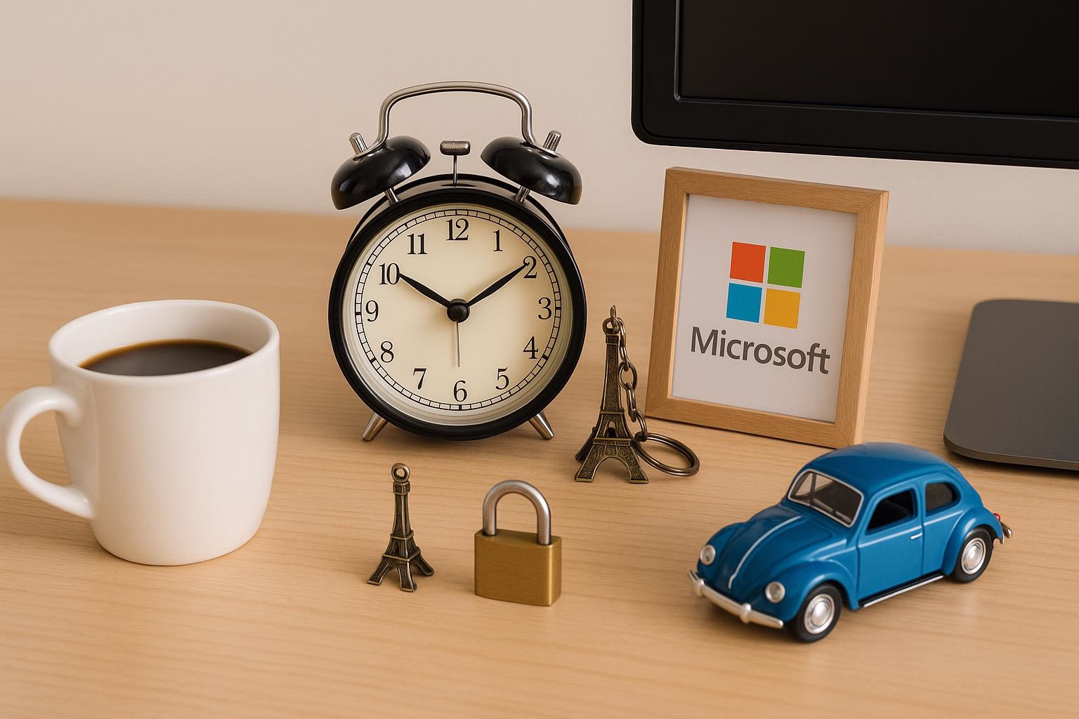 KDB Tech-Update 202603281601 Schreibtisch mit Wecker, Kaffeetasse, Schloss, Modellauto, Eiffelturm-Schlüsselanhänger und gerahmtem Logo am Monitorrand, Symbol für Zeit und Sicherheit.