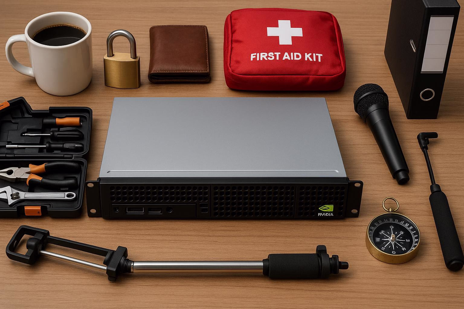 KDB Tech-Update 202603301503 Schreibtisch mit First-Aid-Kit, Laptop-Server-Rack, Werkzeugkasten, Geldbörse, Schloss, Kaffeetasse, Mikrofon, Kompass und Selfie-Stick zur Einsatzvorbereitung.