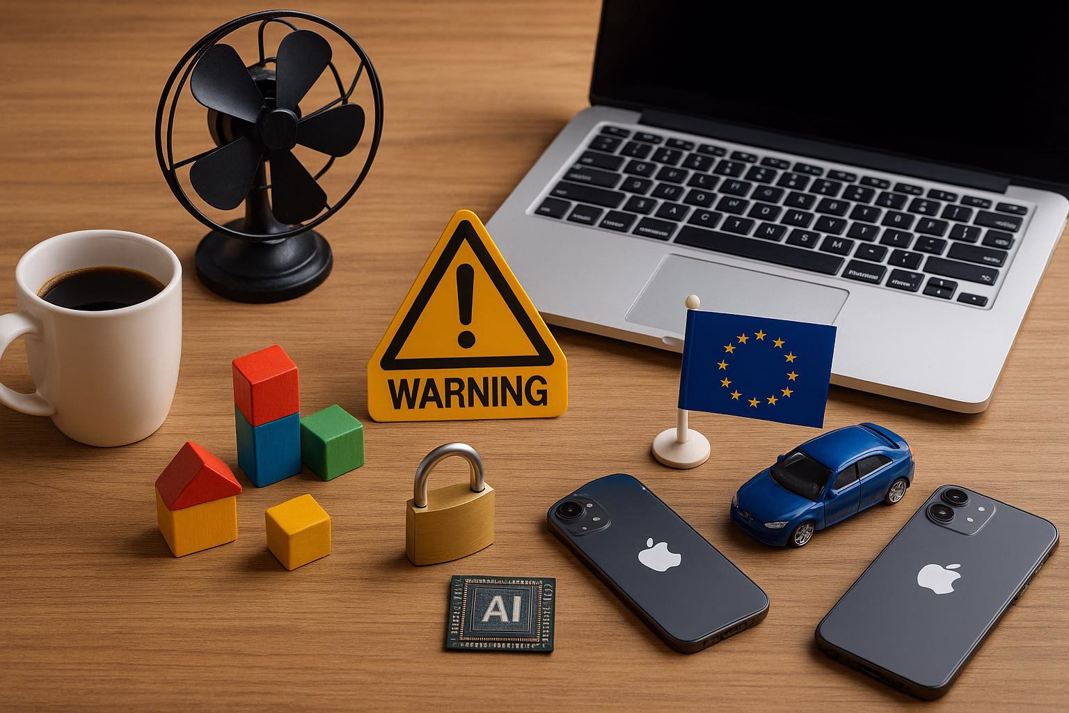 KDB Tech-Update 202603310505 Schreibtisch mit Laptop, Warnschild, Bauklötzen, Vorhängeschloss, EU-Flagge, Modellauto und Smartphones; verdeutlicht Technik, Risiko und Sicherheit.