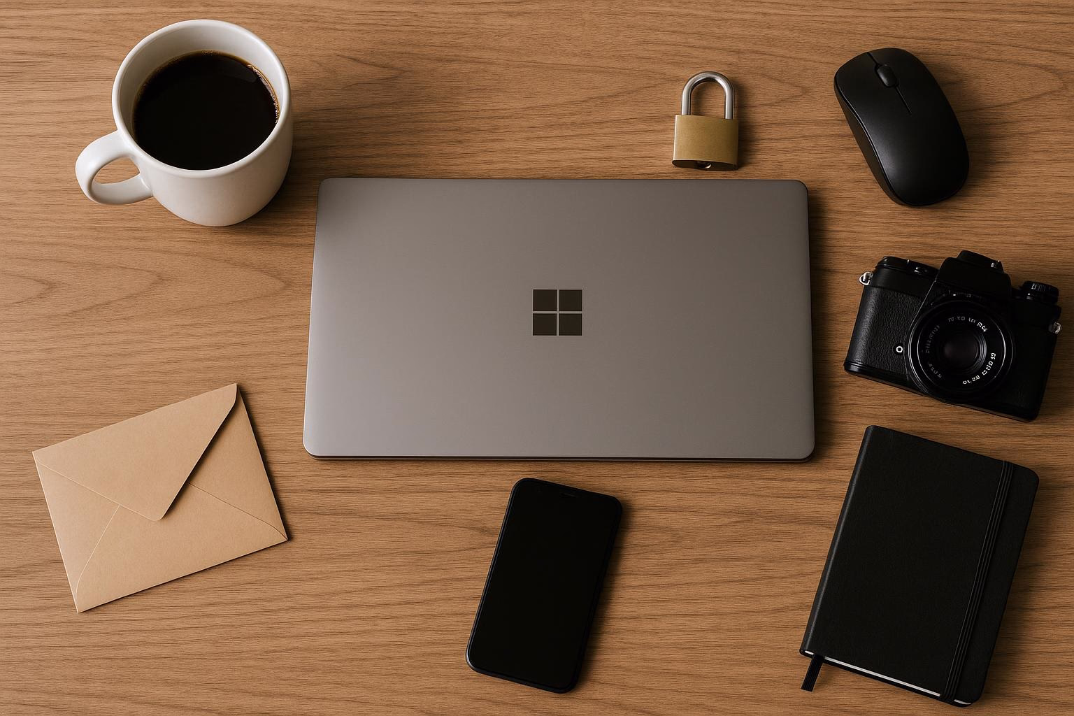 KDB Tech-Update 202603311505 Holztisch mit Kaffeetasse, Laptop, Smartphone, Maus, Briefumschlag, Fotoapparat und Notizbuch; daneben ein Vorhängeschloss als Symbol für Schutz.