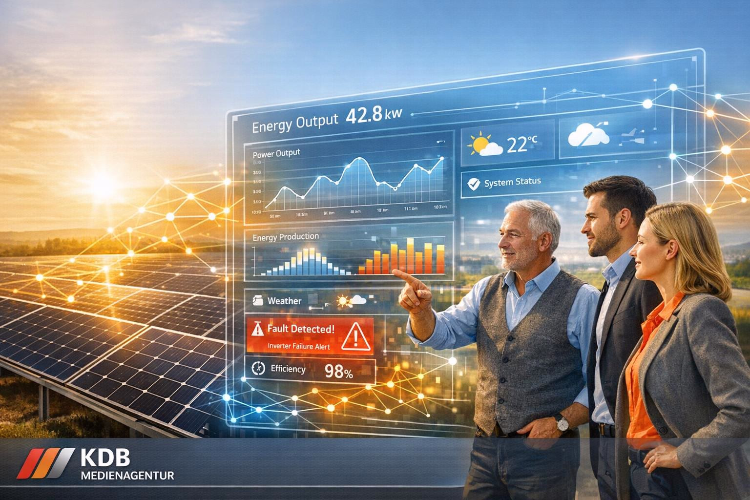 bild-ki-recherche-1 Mitarbeitende vor Solarmodulen mit transparenten KI-Dashboards zu Energieoutput, Wetter, Status und Effizienz, visualisiert zur Anlagenüberwachung.