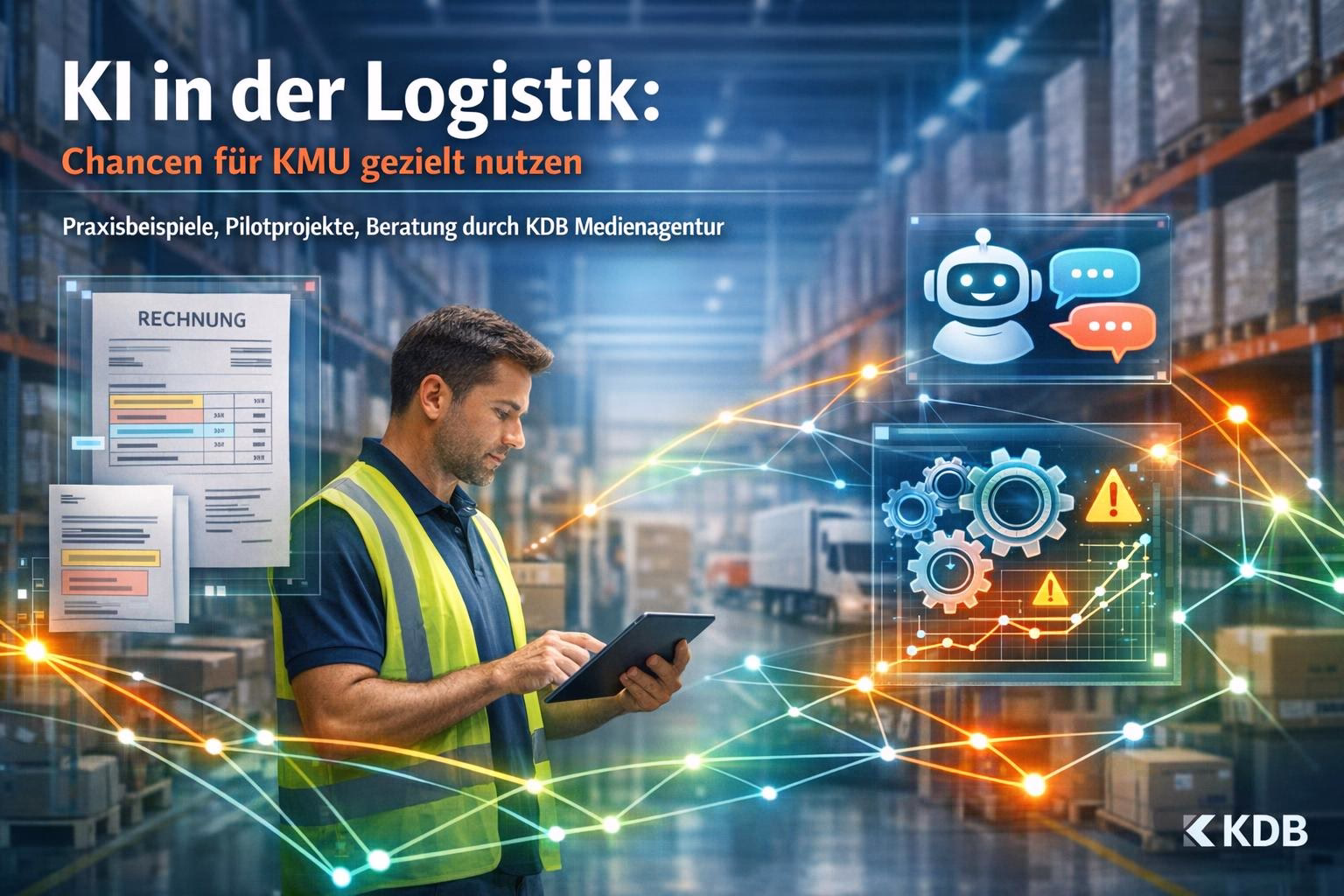 bild-ki-recherche-2 Mitarbeiter im Lager mit Tablet; Overlay zeigt Rechnungen, KI-Chat und Optimierungs-Visualisierung zur Unterstützung der Logistik.