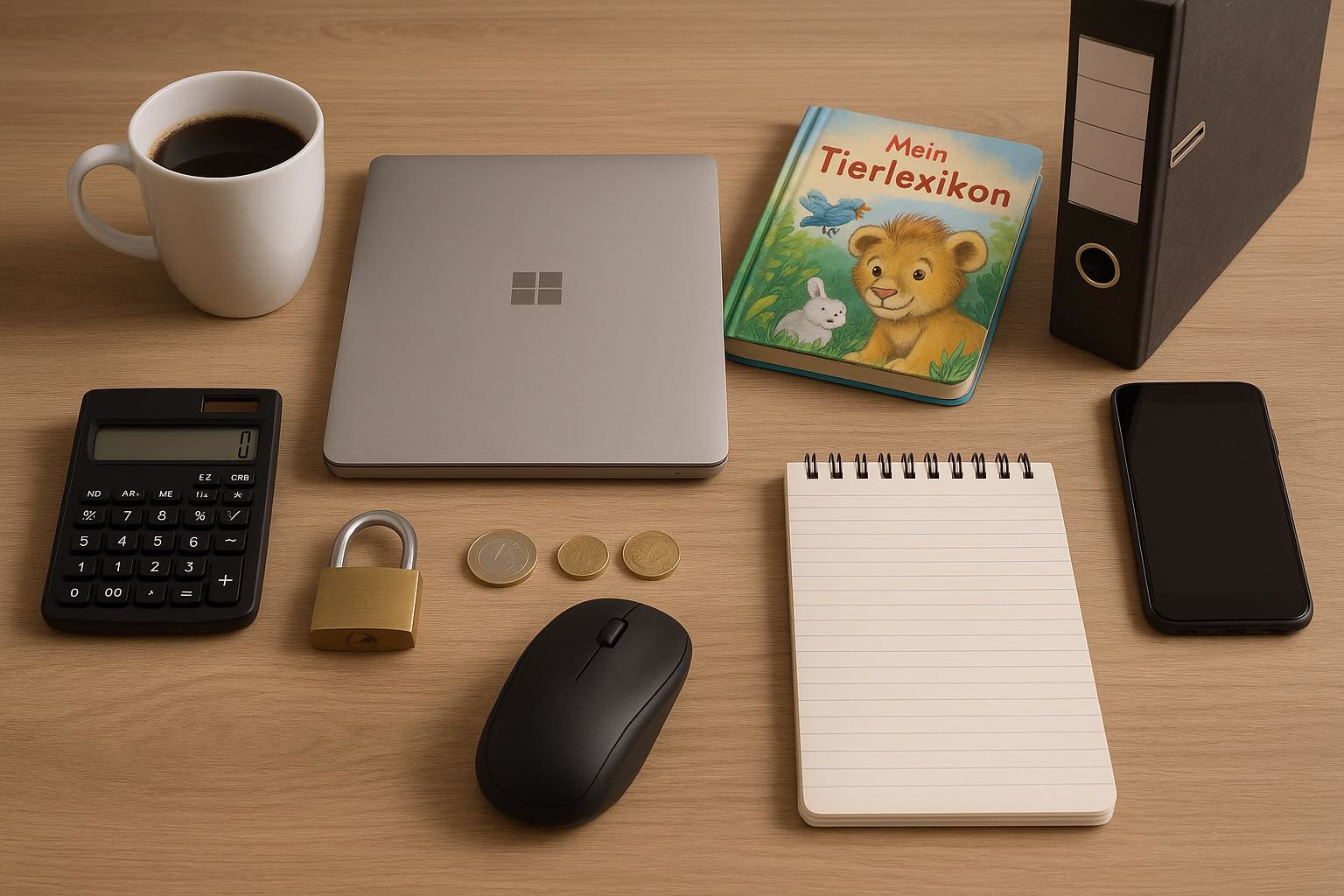 KDB Tech-Update 202604010504 Schreibtisch mit Laptop, Kaffeetasse, Kindersachbuch, Ordnern, Rechner, Schloss, Münzen, Maus, Smartphone und Notizblock zur Arbeits- und Alltagsplanung.