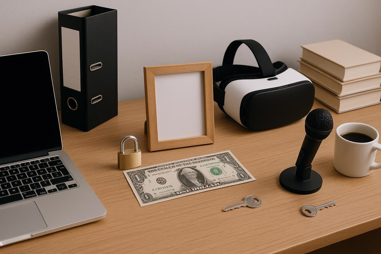 KDB Tech-Update 202604011505 Schreibtisch mit Laptop, VR-Headset und Mikrofon; vor Schlüssel und Zahlkarte steht ein Vorhängeschloss als Symbol für Sicherheit und Finanzierung.