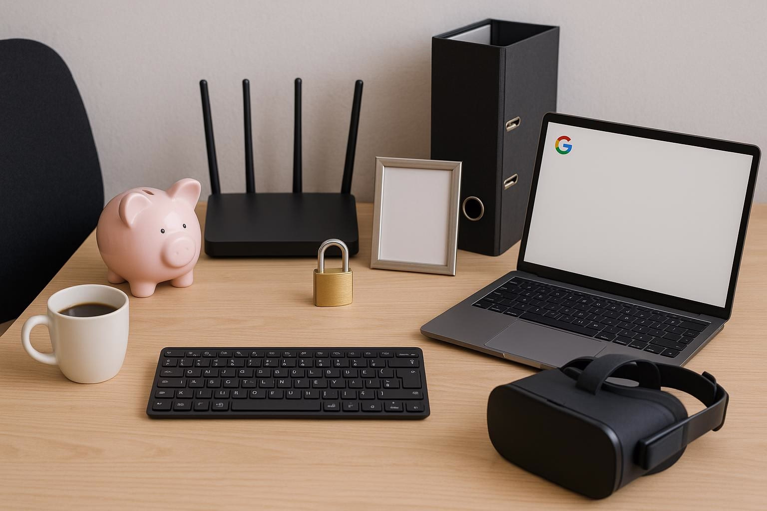 KDB Tech-Update 202604020504 Schreibtisch mit Laptop, Tastatur, Router, Sparschwein, Kaffeetasse und VR-Headset; zeigt vernetzte Büro- und Sicherheitsausrüstung.