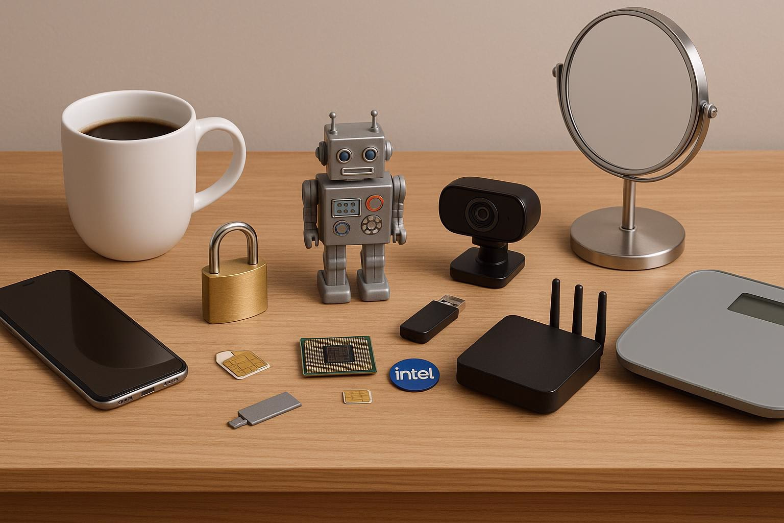 KDB Tech-Update 202604021503 Schreibtisch mit Kaffeetasse, Roboterfigur, Kamera und Spiegel; daneben Smartphone, Router, USB-Stick, SIM-Karte und Mikrochip-Emblem als Technik-Setup.