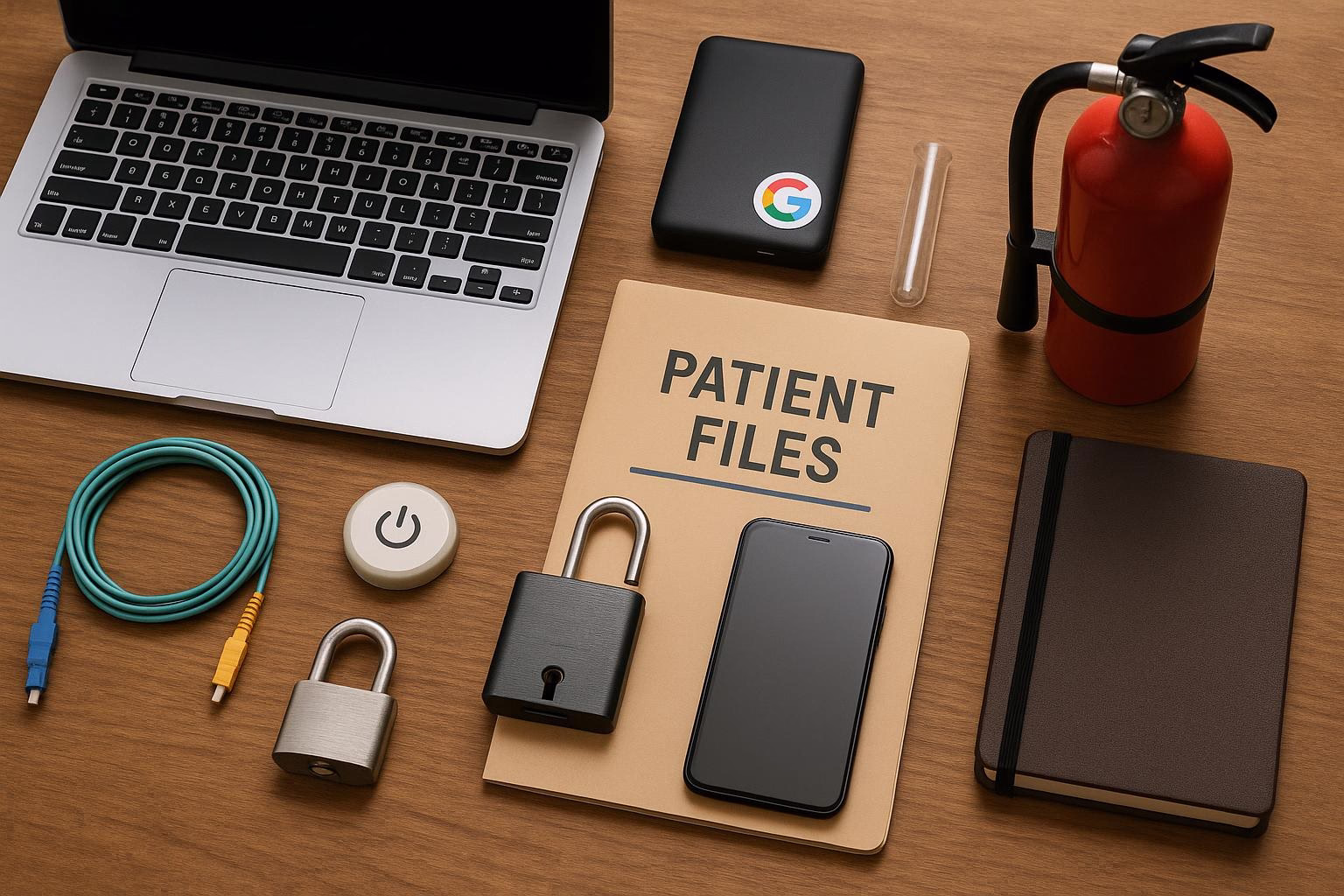 KDB Tech-Update 202604031506 Laptop und Smartphone neben Patientenaktenmappe, USB-Kabeln, externer Festplatte, Sicherheits-Padlock und Feuerlöscher—Symbol für digitale, geschützte Akten.
