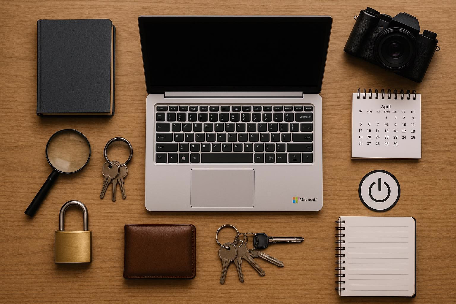 KDB Tech-Update 202604041504 Schreibtisch mit geöffnetem Laptop, Notizen, Kalender und Sicherheits-Accessoires wie Schloss und Schlüssel zur Darstellung von Verwaltung und Schutz.