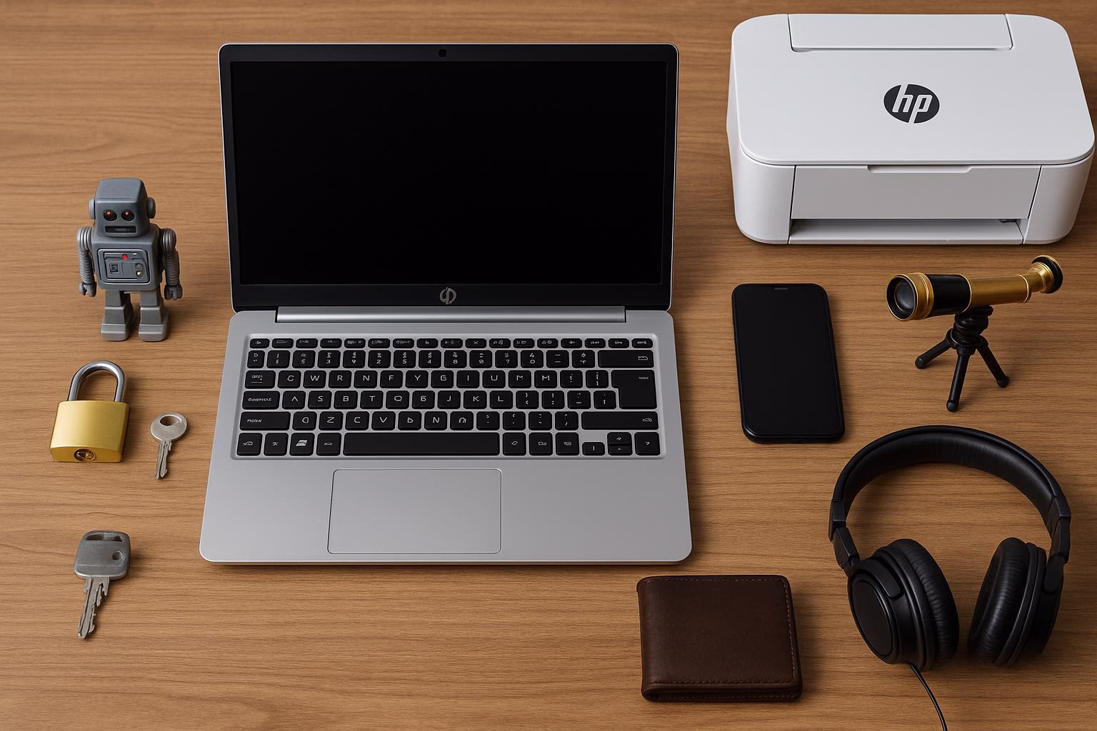 KDB Tech-Update 202604051502 Laptop, Drucker, Smartphone, Kopfhörer, Geldbörse, Schlüssel und Vorhängeschloss auf Schreibtisch; symbolisiert Technik, Kommunikation und Sicherheit.