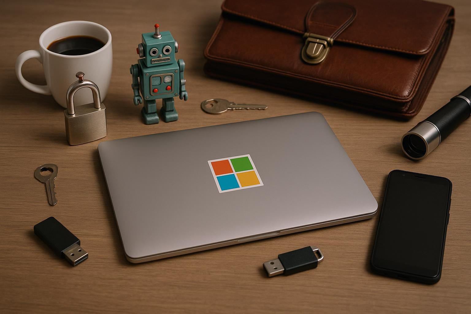 KDB Tech-Update 202604060506 Schreibtisch mit Roboterspielzeug, verschlossenem Schloss, Schlüsseln, Laptop, USB-Stick, Smartphone und Teleskop; symbolisiert Technik, Sicherheit und Mobilität.