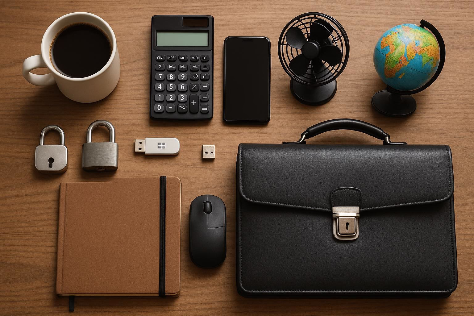 KDB Tech-Update 202604061503 Schreibtisch-Übersicht mit Telefon, Taschenrechner, USB-Stick, Schlössern, Notizbuch, Aktentasche und Globus zur Darstellung von Technik und Sicherheit.