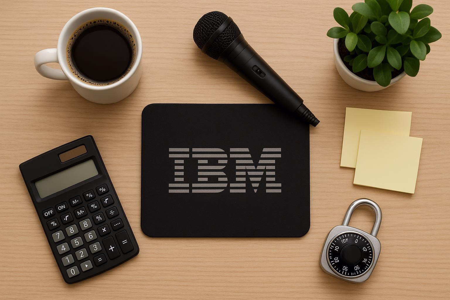 KDB Tech-Update 202604070505 Tischübersicht mit Tasse, Taschenrechner, Mikrofon, Pflanze und Notizzetteln; Laptop-Mauspad mit Logo, Schloss als Sicherheits-Visual.