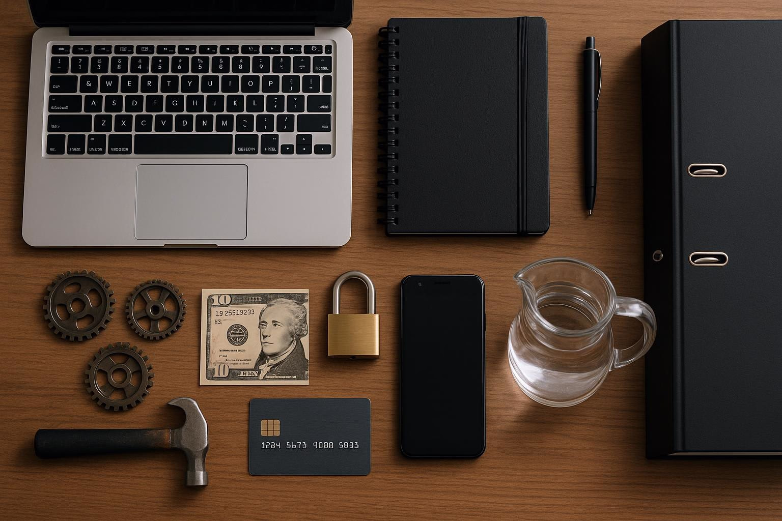KDB Tech-Update 202604071506 Schreibtisch-Übersicht: Laptop, Notizblock, Smartphone und verschlossene Gegenstände wie Schloss, Kreditkarte und Banknote zur Darstellung von Sicherheit und Schutz.