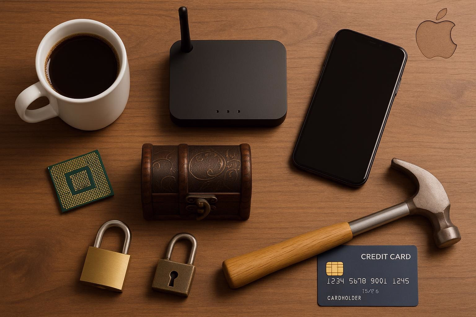 KDB Tech-Update 202604080503 Schreibtisch-Übersicht: Router mit Antennen, Smartphone, Kaffeetasse, Chip, Vorhängeschlösser und Kreditkarte – Symbol für vernetzte Sicherheit.