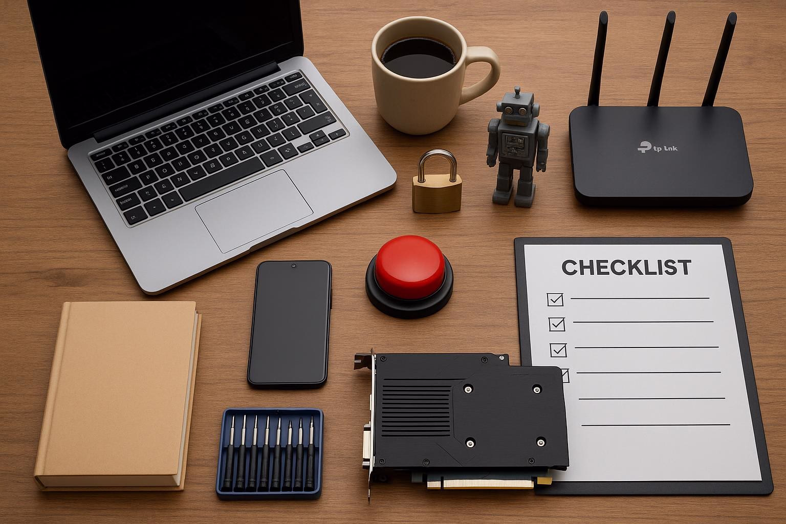 KDB Tech-Update 202604081503 Schreibtisch-Arrangement mit Laptop, Smartphone, Router, Schloss, Roboterfigur und Checkliste; symbolisiert Technik-Update und Wartungsaufgaben.
