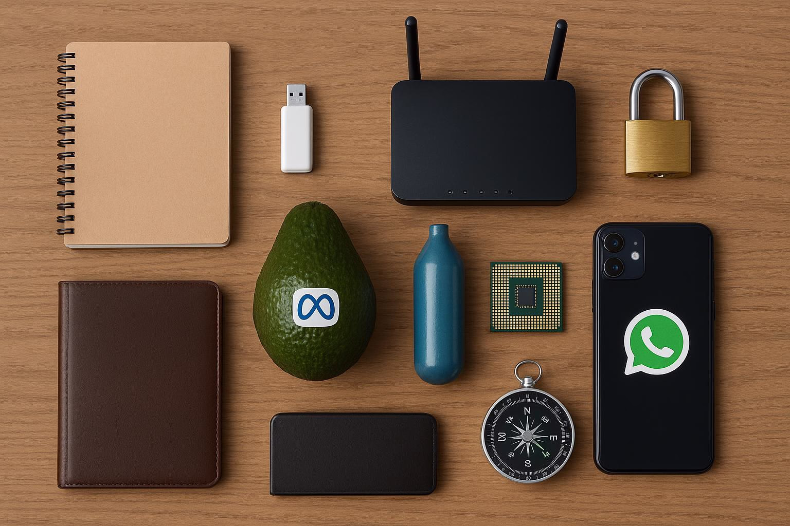 KDB Tech-Update 202604091503 Schreibtisch-Arrangements mit Notebook, USB-Stick, Router, Vorhängeschloss, Smartphone, Kompass und technischen Utensilien als Überblick.