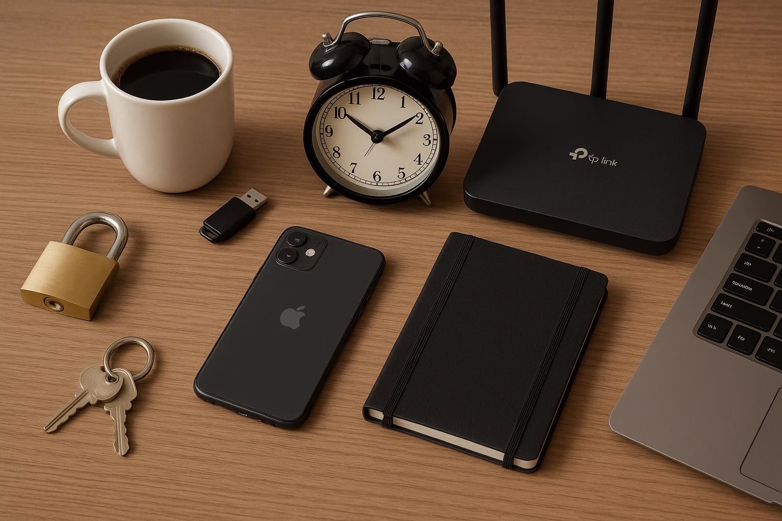 KDB Tech-Update 202604100501 Schreibtisch mit Kaffeetasse, Wecker, USB-Stick, Smartphone, Router, Notizbuch, Laptop, Vorhängeschloss und Schlüsseln—für Technik- und Sicherheitsbezug.