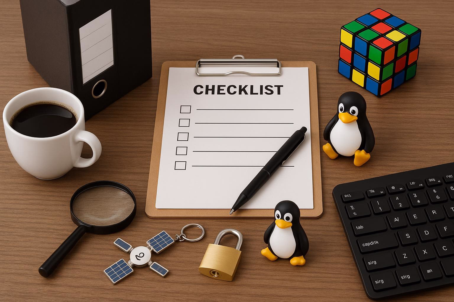 KDB Tech-Update 202604110504 Schreibtisch mit Checkliste, Kugelschreiber, Kaffeetasse, Tastatur, Datenschutzschloss, Schlüsselbund, Tux-Figur und Spielwürfel—für Planung und Technikaufgaben.
