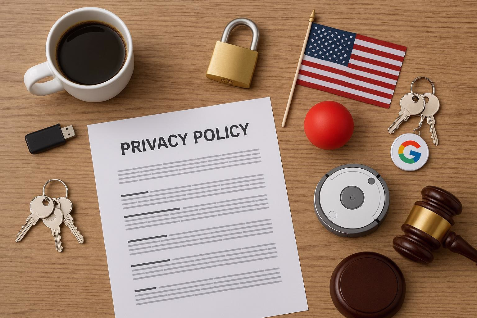 KDB Tech-Update 202604120501 Schreibtisch-Arrangement mit Text „PRIVACY POLICY“, USB-Stick, Schloss mit Schlüsseln, US-Flagge, Anti-Stressball und Richterhammer zur Veranschaulichung von Datenschutz.