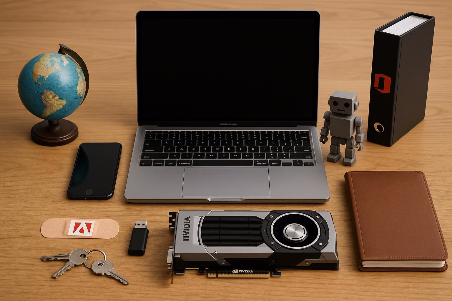 KDB Tech-Update 202604151505 Schreibtisch-Setup: Laptop, Smartphone, USB-Stick, Roboterfigur, Schlüssel, Globus und Grafikkarte mit Ordnern zur Technikinspiration.