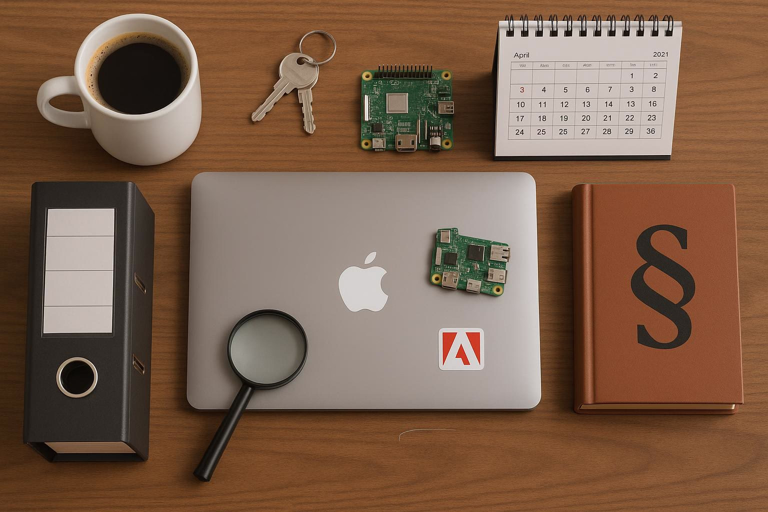 KDB Tech-Update 202604160505 Übersicht eines Schreibtischs mit Kaffeetasse, Schlüssel, Mini-Computerplatine, Kalender, Ordner, Lupe und Laptop mit Aufklebern.