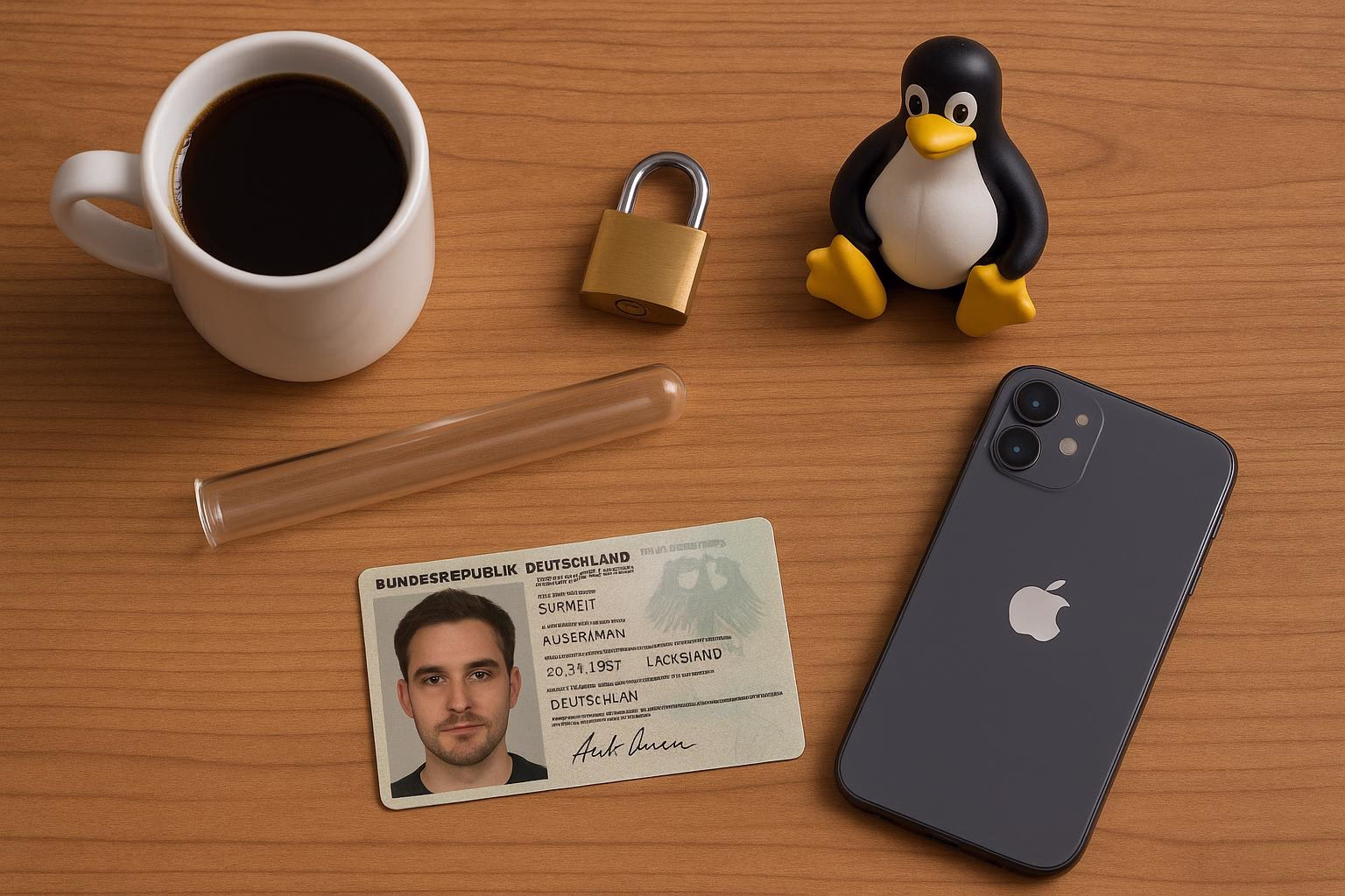 KDB Tech-Update 202604161502 Schreibtischanordnung mit Kaffeetasse, Vorhängeschloss, Tux-Figur, Reagenzglas, Ausweis und Smartphone als Symbol für Sicherheit und Technik.