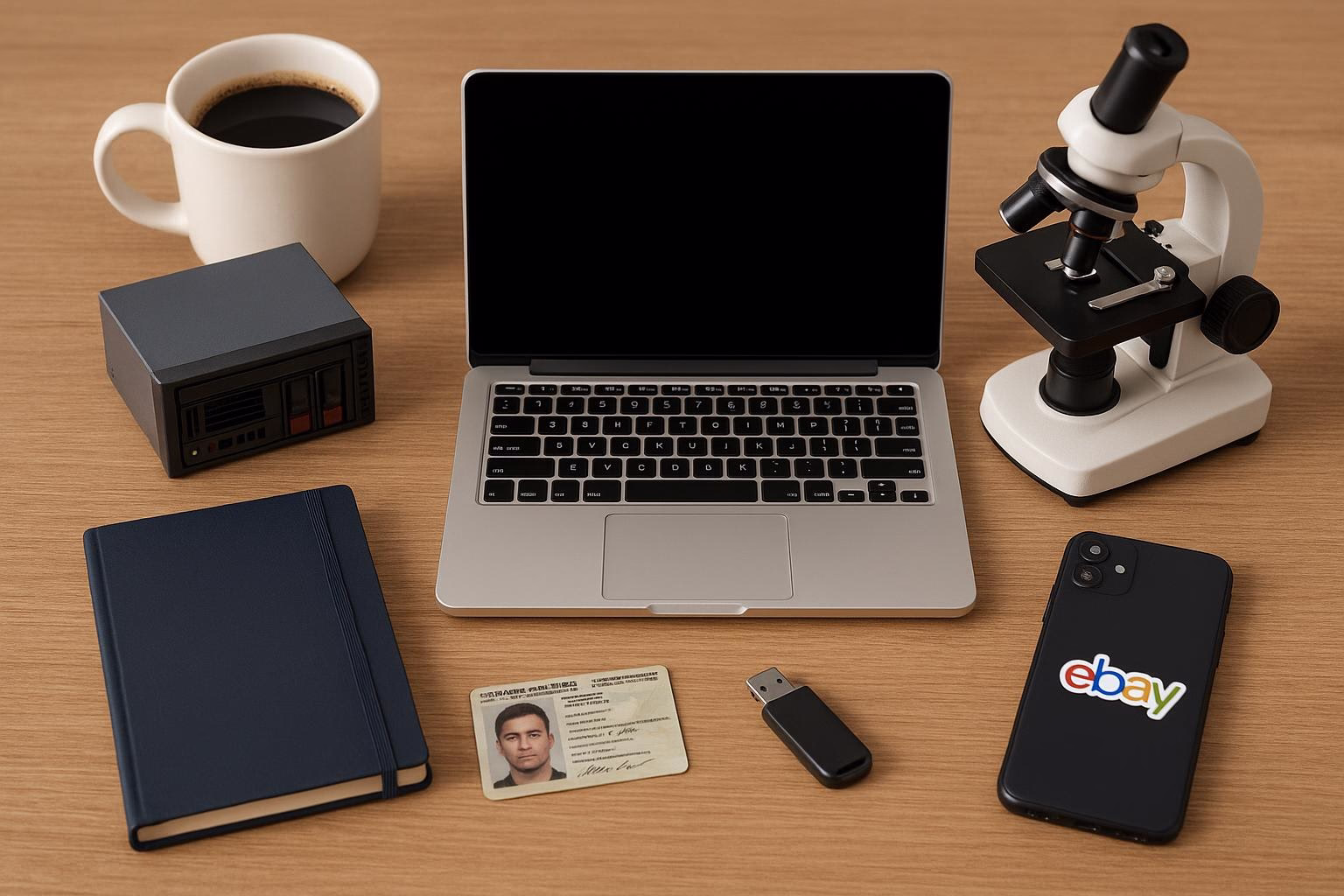 KDB Tech-Update 202604170504 Schreibtisch-Übersicht: Laptop, Kaffeetasse, Mikroskop, Servergerät, Smartphone, USB-Stick und Ausweis, zur Darstellung von Technik und Arbeit.