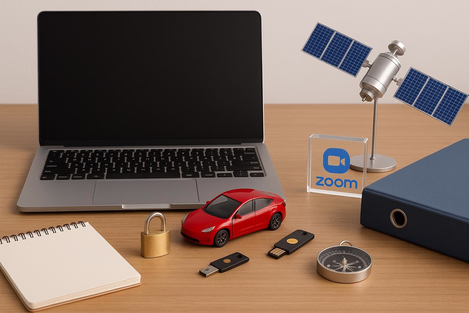 KDB Tech-Update 202604180503 Arbeitsplatz mit Laptop, Modell-Elektroauto, Vorhängeschloss, USB-Sicherheitsschlüssel, Kompass, Skizzenblock und Zoom-Logo auf Acrylblock als Symbol.