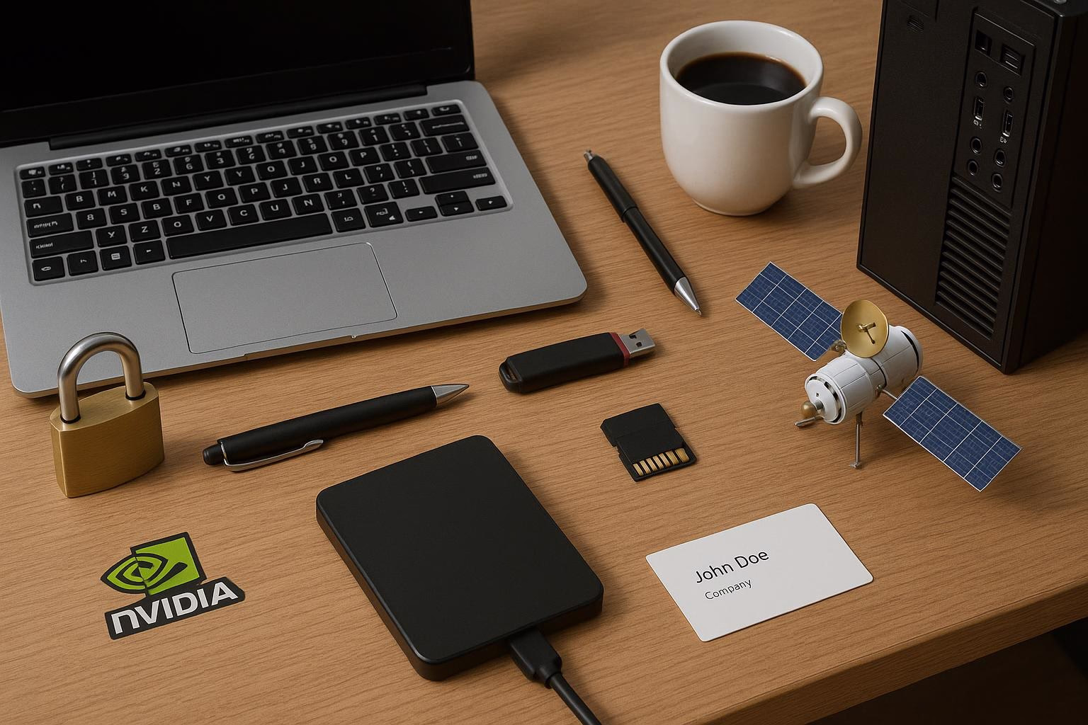 KDB Tech-Update 202604181506 Laptop, Desktop-PC, USB-Stick, externe Speicherkarte und Festplatte auf einem Schreibtisch; Kaffeetasse und Schreibstift im Umfeld.