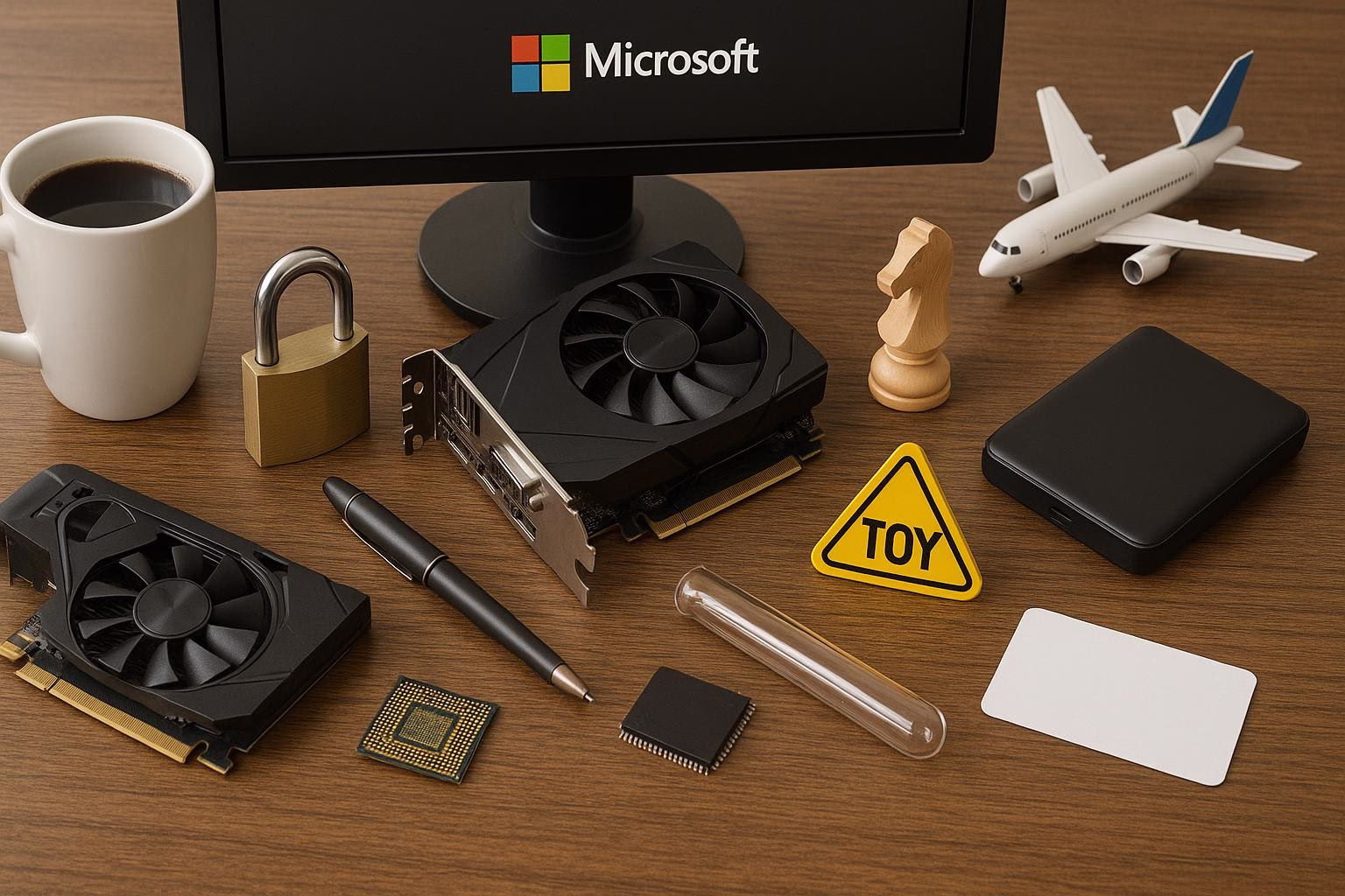 KDB Tech-Update 202604190502 IT-Komponenten auf Schreibtisch: Grafikkarten, Mikrochip, Reagenzglas, externe Festplatte, Stift, Visitenkarte und Schutzschild mit Flugzeugmodell.