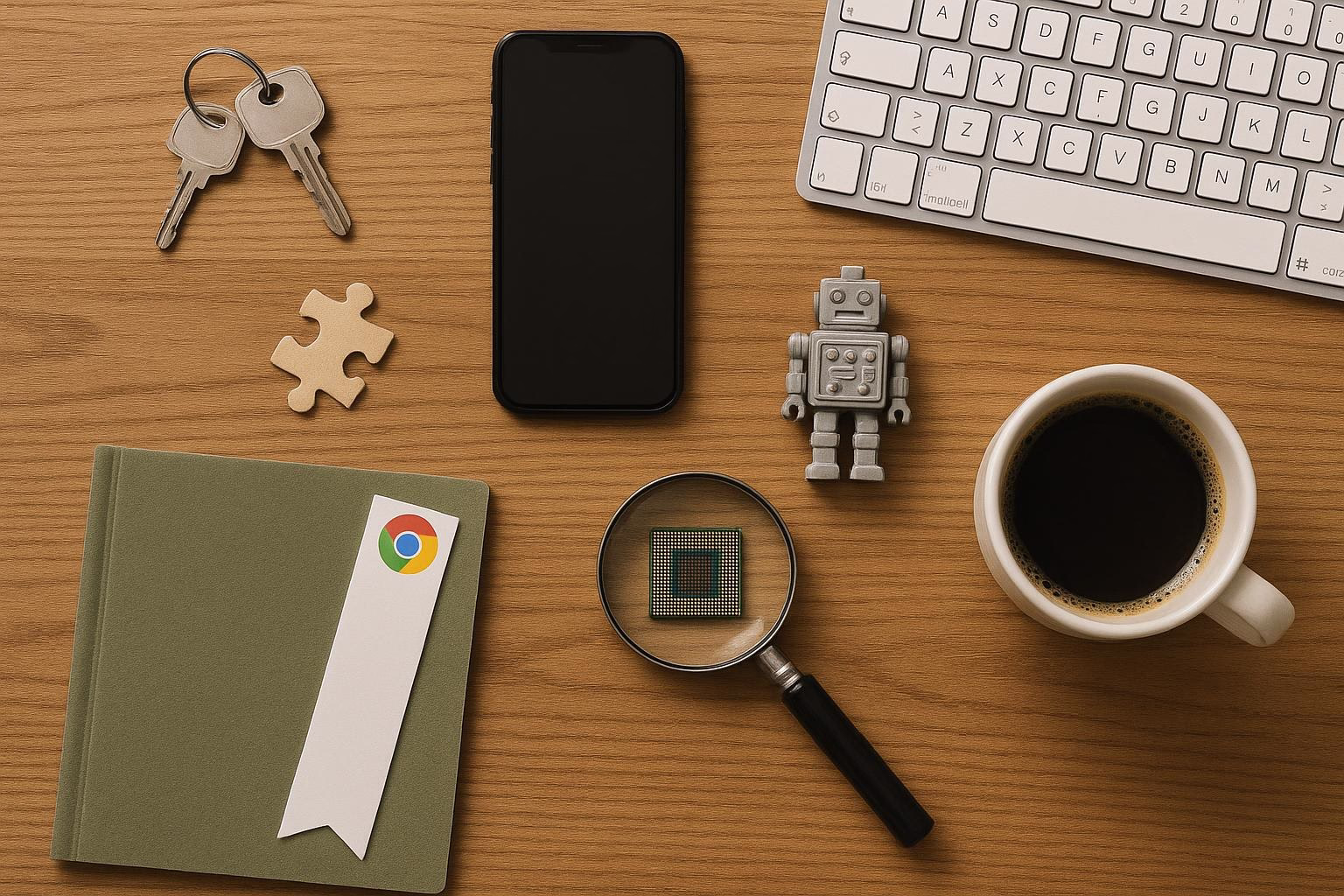 KDB Tech-Update 202604191503 Schreibtisch-Übersicht: Schlüssel, Smartphone, Roboterfigur, Puzzle-Teil, Dokumentenmappe, Lupe mit Chip und Kaffeetasse. Technik-Update-Konzept.