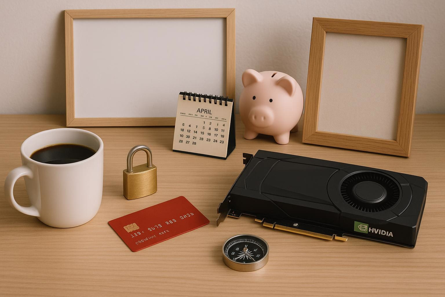 KDB Tech-Update 202604231501 Schreibtisch mit Kaffeetasse, Kalender, Sparschwein, Kassenkarte und Grafikkarte; zusätzlich Schloss und Deko-Fotorahmen als Ordnungssymbole.