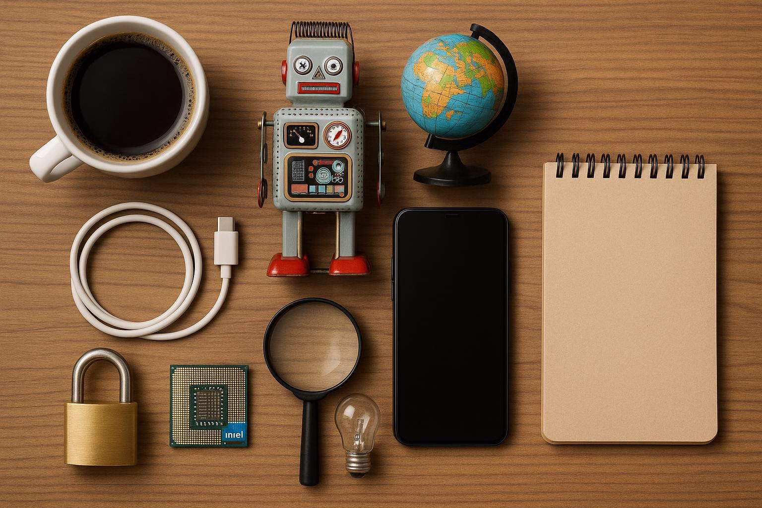 KDB Tech-Update 202604241501 Übersichtliches Desktop-Setup: Roboterfigur, Globus, Smartphone, Kabel, Smartphone-Schlüssel/Schloss, Lupe, Chip, Glühbirne und Notizblock. Technik-Thema.
