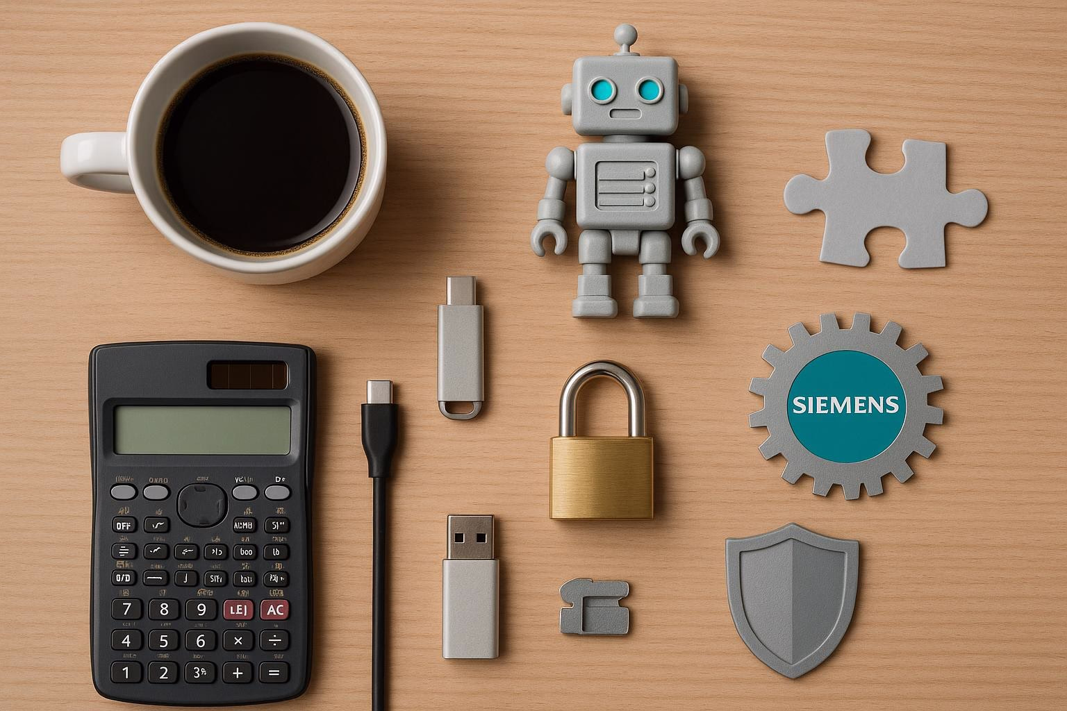 KDB Tech-Update 202604250505 Schreibtisch-Übersicht mit Roboterfigur, Puzzle- und Zahnraddekor, USB-C-Kabel, USB-Stick, Vorhängeschloss, Taschenrechner und Schutzschild.