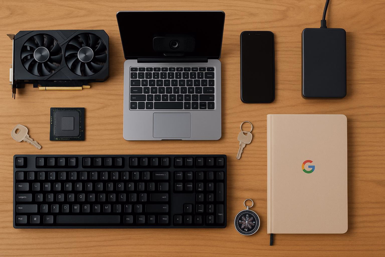 KDB Tech-Update 202604251503 Übersicht eines Computer-Arbeitsplatzes: Laptop mit Kamera, Grafikkarte, Tastatur, Smartphone, externe Festplatte, Schlüssel und Kompass.