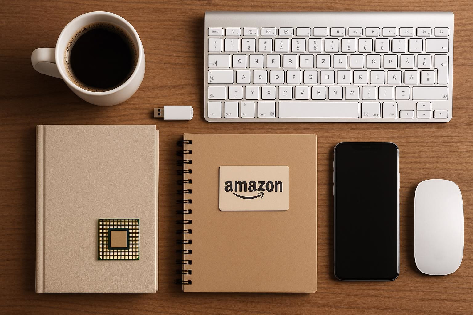 KDB Tech-Update 202604260501 Schreibtisch-Übersicht mit Tastatur, Kaffeetasse, USB-Stick, Smartphone und Notizbüchern; zeigt Arbeitsmaterialien für Technik-Updates.