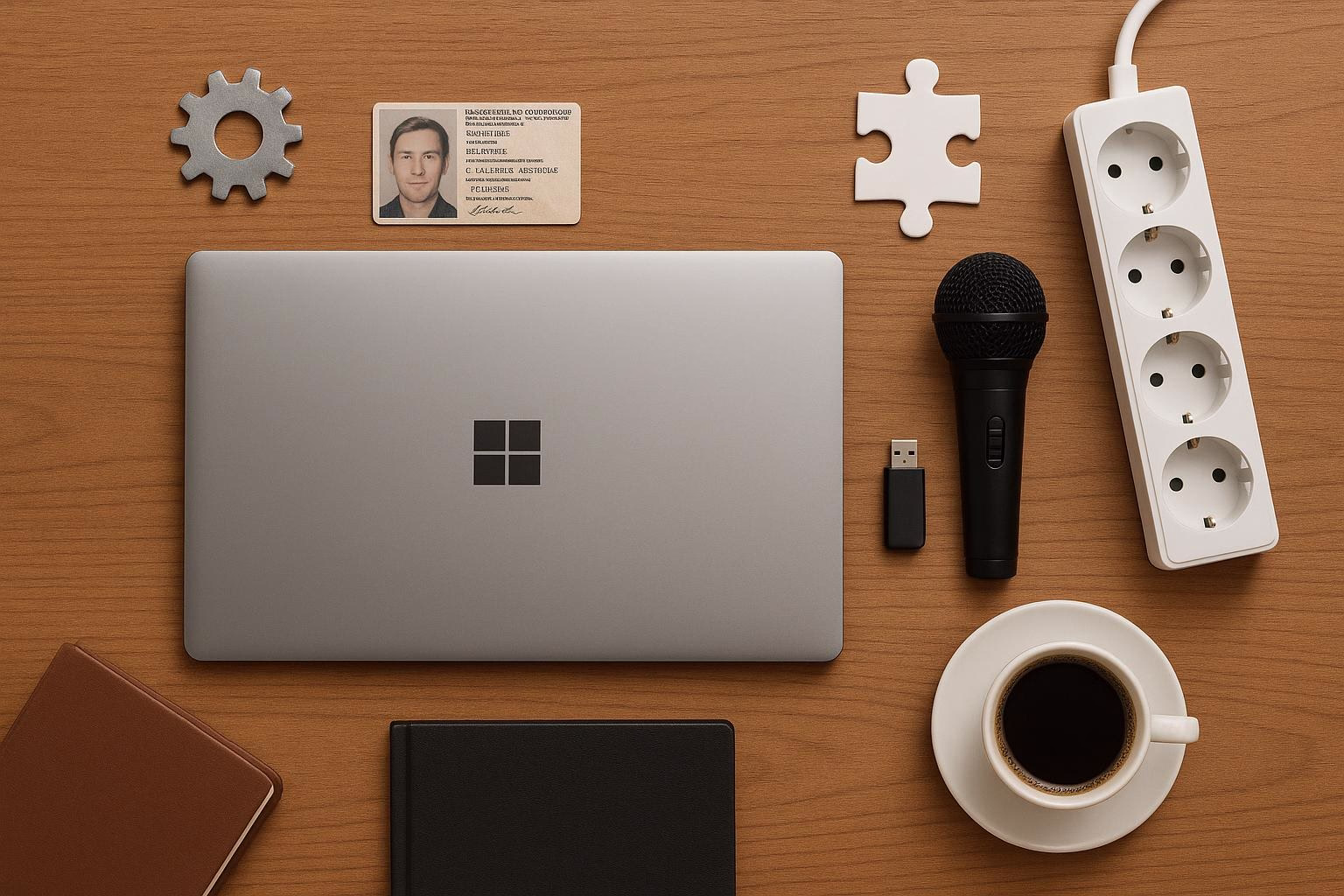 KDB Tech-Update 202604261502 Schreibtisch mit Laptop, USB-Stick, Mikrofon, Buch, Kaffeetasse, Ausweis und Symbolen (Zahnrad, Puzzleteil) zur Darstellung von Technik-Update.