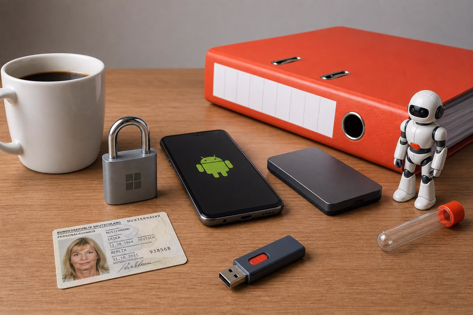 KDB Tech-Update 202605060504 Schreibtisch mit Kaffeetasse, Schloss, Smartphone mit Android-Logo, externen Speichern, Personalausweis, USB-Stick und Roboterfigur als Technik-Update-Szene.