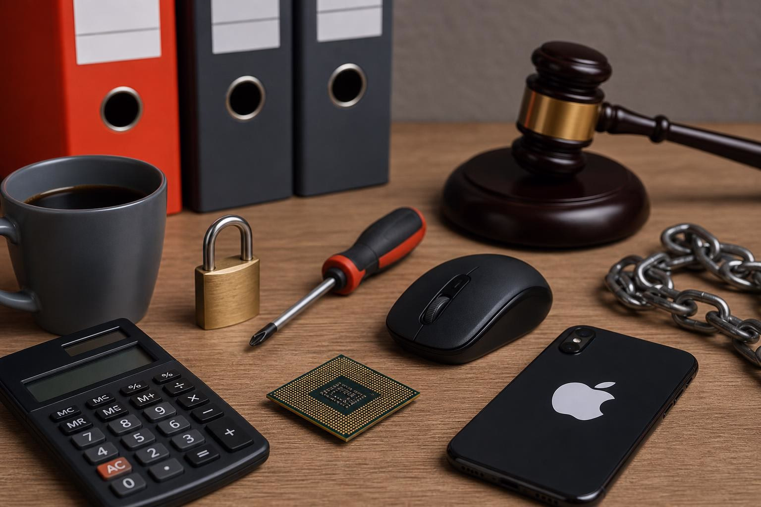 KDB Tech-Update 202605061504 Schreibtisch-Arragement mit Kaffeetasse, Ordnern, Schloss an Kette, Rechner, Schraubendreher, Maus, Prozessor und Smartphone-Aufkleber als Symbol für IT-Ordnung.