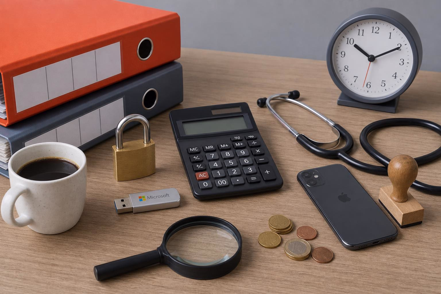 KDB Tech-Update 202605070506 Schreibtisch mit Ordnern, Vorhängeschloss, Taschenrechner, Stethoskop, Lupe, Münzen, USB-Stick, Smartphone und Uhr—für Übersicht und technische Organisation.