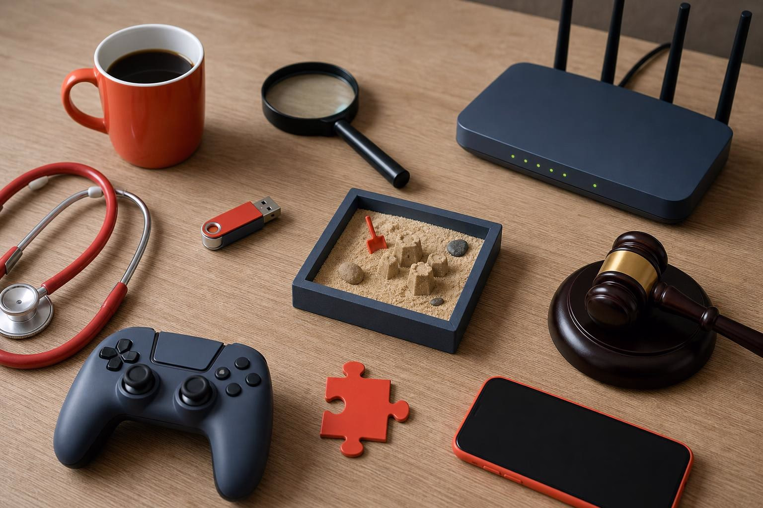 KDB Tech-Update 202605080506 Schreibtisch mit Kaffeetasse, Lupe, Router, USB-Stick, Smartphone, Stethoskop, Joystick, Puzzle und Richterhammer—Werkzeug- und Technik-Übersicht.