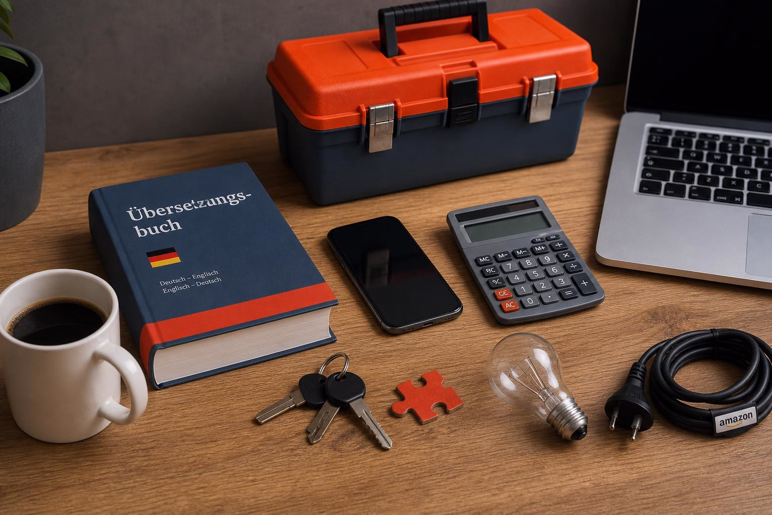 KDB Tech-Update 202605081507 Schreibtisch mit Übersetzungsbuch, Smartphone, Rechner, Laptop, Schlüsselbund, Puzzle-Teil, Glühbirne, Netzkabel und Kaffeetasse.
