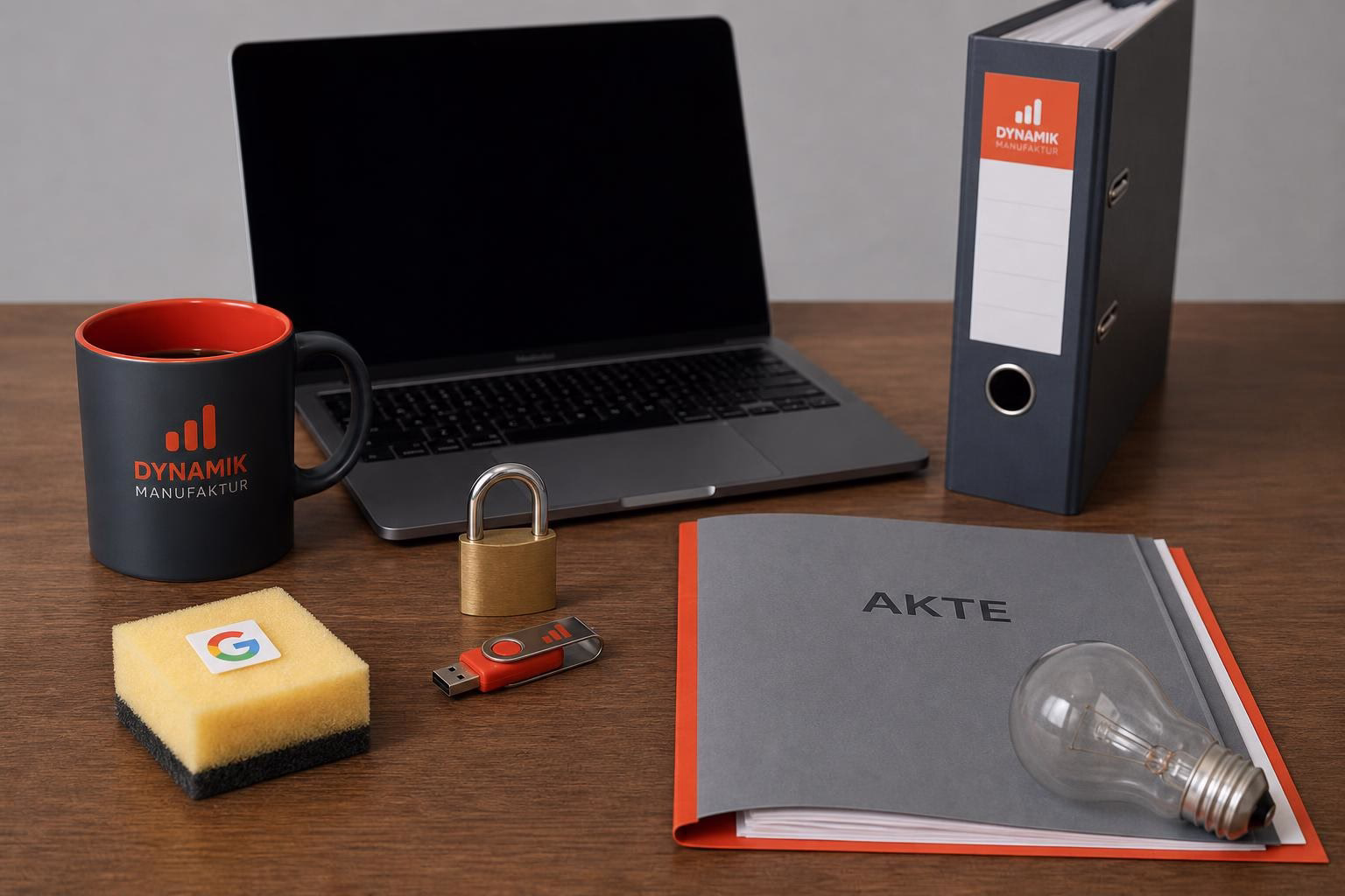 KDB Tech-Update 202605090502 Schreibtisch mit Laptop, Kaffeetasse, USB-Stick, Vorhängeschloss, Ordner „Akte“, Schwamm und Glühbirne als Symbol für Arbeit, Ordnung und Sicherheit.