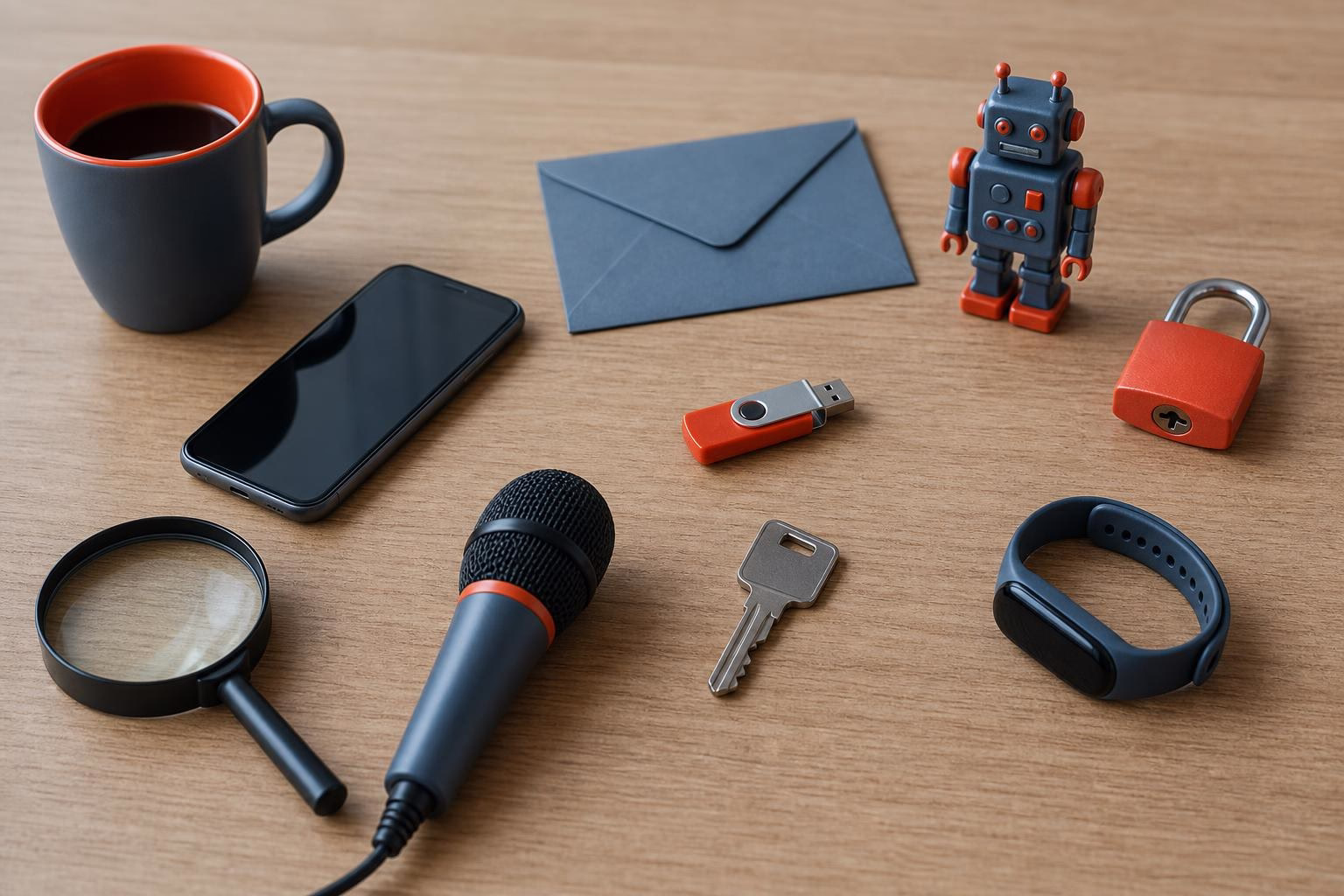 KDB Tech-Update 202605091505 Schreibtisch mit Smartphone, Briefumschlag, USB-Stick, Schlüssel, Vorhängeschloss und Microfon; zeigt Technik- und Sicherheitsbezug.