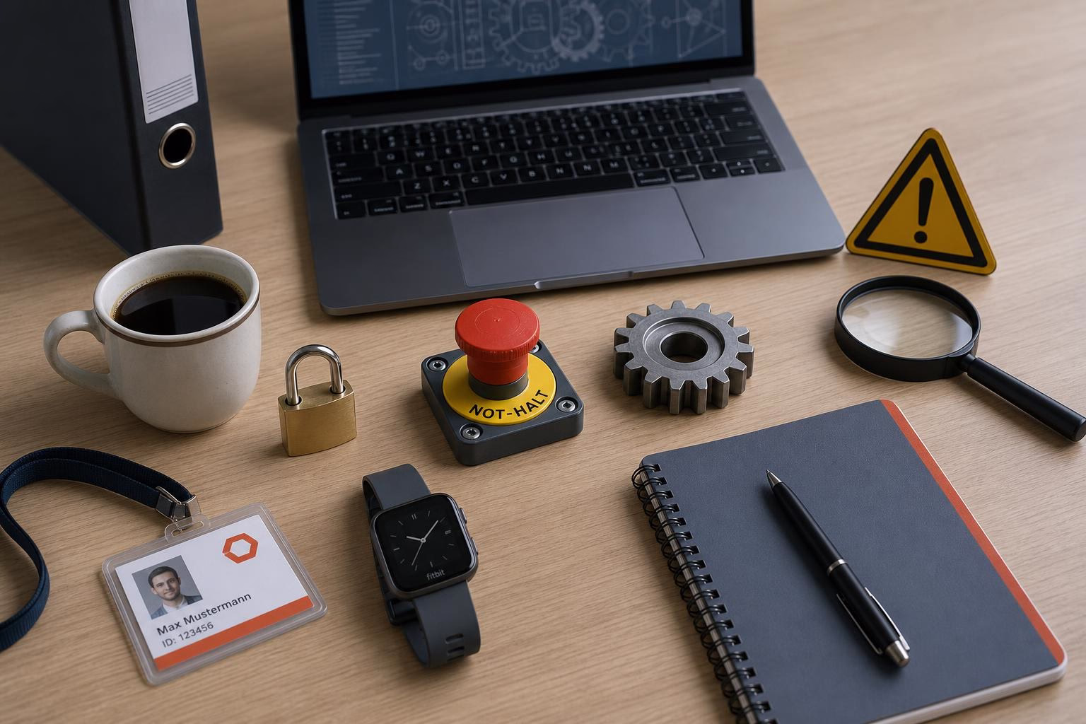 KDB Tech-Update 202605100501 Arbeitsplatz mit Laptop, Kaffee, Warnschild, gesperrtem Schloss, Notfallknopf, Zahnrad, Lupe und Notizbuch zur Darstellung von Sicherheit und Technik.