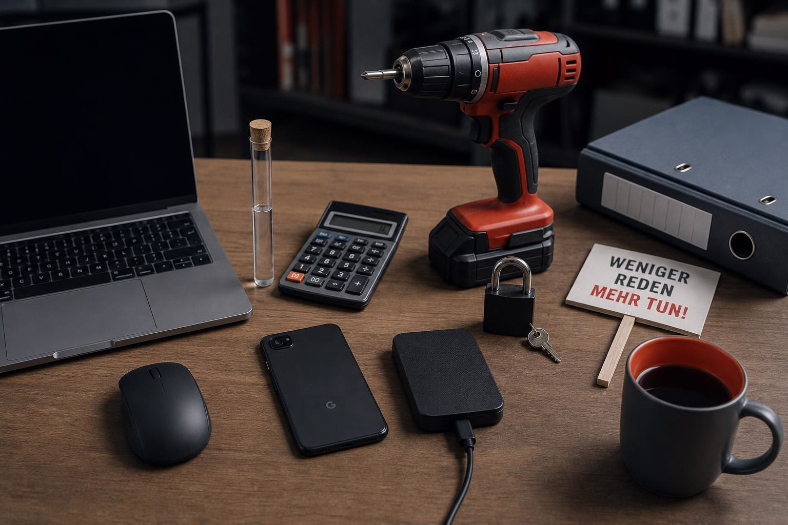 KDB Tech-Update 202605101504 Arbeitsplatz mit Laptop, Taschenrechner und Akku-Schrauber; daneben Smartphone, Powerbank, externe Festplatte und offenes Vorhängeschloss mit Schlüssel.