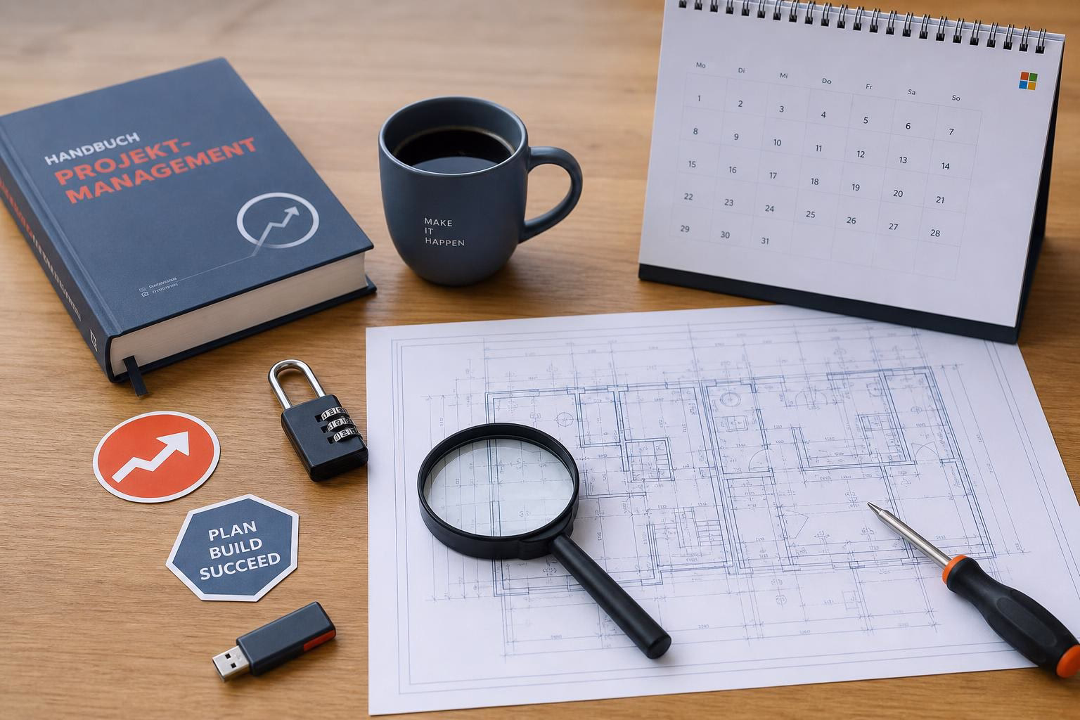 KDB Tech-Update 202605120503 Schreibtisch mit Handbuch, Kaffeetasse, Kalender und technischem Bauplan; Lupe und Stift markieren Details für Planung und Prüfung.